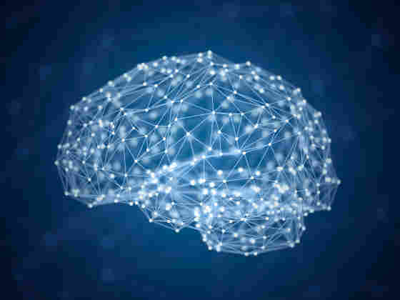 An illustration of a digital brain that is formed with lines and dots in a blue background. 