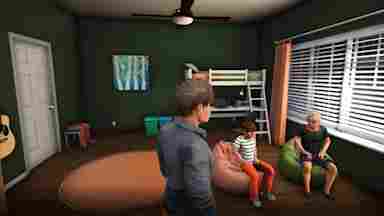 A screen capture of the Charisma game environment showing three avatars in a room.