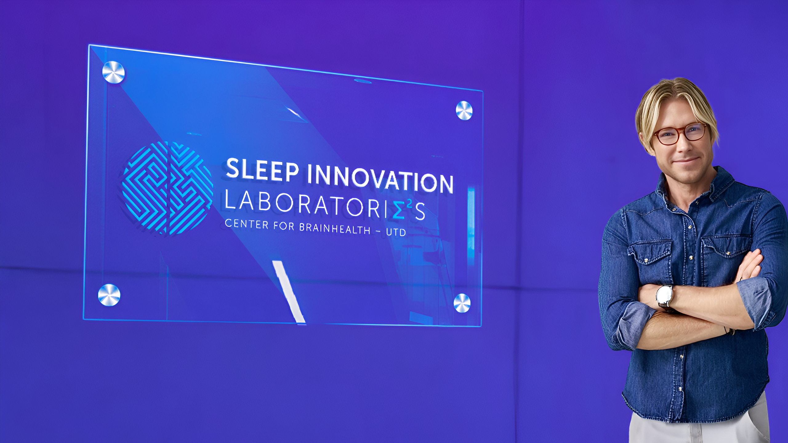 A hallway inside the Sleep Innovation Lab at UT Dallas' Center for BrainHealth, featuring modern lighting and clean architectural lines that create a calm and inviting atmosphere, with Matt Walker, PhD.