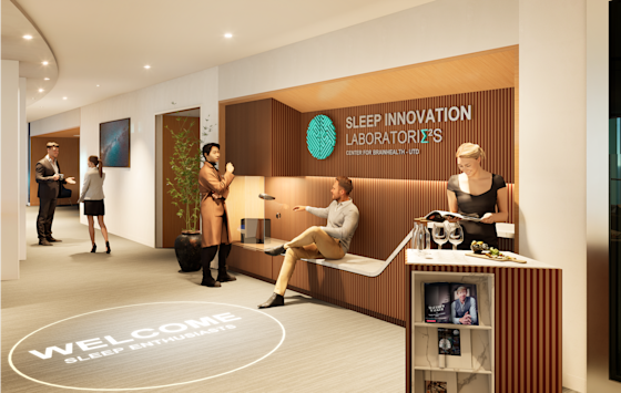 Reception area of the Sleep Innovation Lab at UT Dallas' Center for BrainHealth, featuring welcoming atmosphere with warm lighting and clean, modern design.