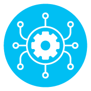 White gear icon with circuit board connections on a cyan blue circular background.