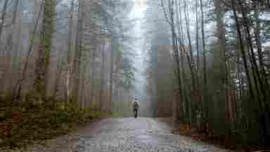 A man walking in a misty forest with a yellow coat