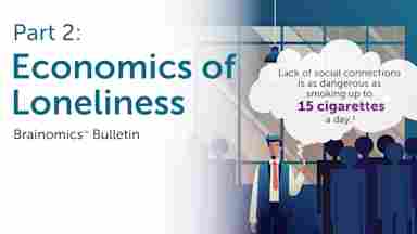 Cover image for Center for BrainHealth's Brainomics Bulletin, The Economics of Loneliness, Part 2, picturing a graphic of a lonely looking professional with a quote caption: "Lack of social connections is as dangerous as smoking 15 cigarettes a day."