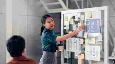 Asian UX developer and UI designer presenting a design for a mobile app interface on a whiteboard at a meeting.