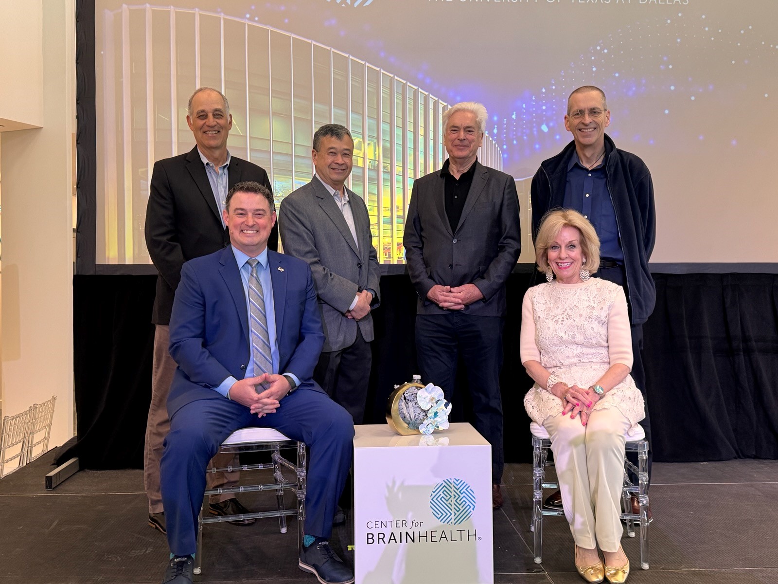 The Society for Brain Health launches as a formal body of scientists, educators and policymakers focused on enhancing cognitive capacity, longevity, and proactive health optimization at BrainHealth Week 2026. Pictured are founders Mark D'Esposito, MD; Geoff Ling, MD, PhD;  Ian Robertson, PhD; Vince Calhoun, PhD, and Sandi Chapman, PhD, alongside UT Dallas Dean of Behavioral and Brain Sciences Adam J. Wood, PhD.