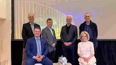 The Society for Brain Health launches as a formal body of scientists, educators and policymakers focused on enhancing cognitive capacity, longevity, and proactive health optimization at BrainHealth Week 2026. Pictured are founders Mark D'Esposito, MD; Geoff Ling, MD, PhD; Ian Robertson, PhD; Vince Calhoun, PhD, and Sandi Chapman, PhD, alongside UT Dallas Dean of Behavioral and Brain Sciences Adam J. Wood, PhD.