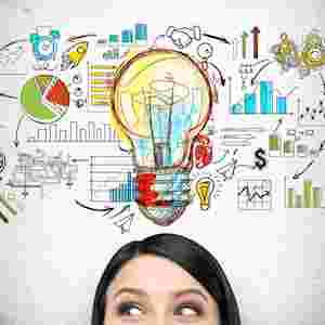 Woman peeking up from the bottom of the photo; scribbled illustrations of thoughts & ideas above her head surrounding a large, yellow light bulb
