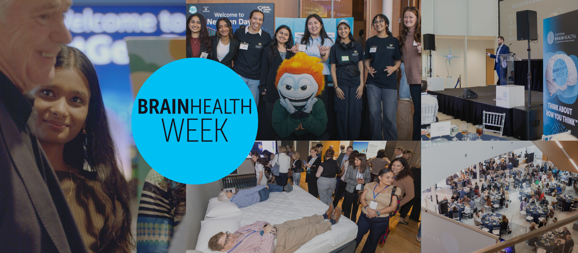 Collage of images from BrainHealth Week 2026 in Dallas, Texas, showing students with UT Dallas mascot Temoc the comet, speaking engagements, a brain health tech expo and networking opportunities.