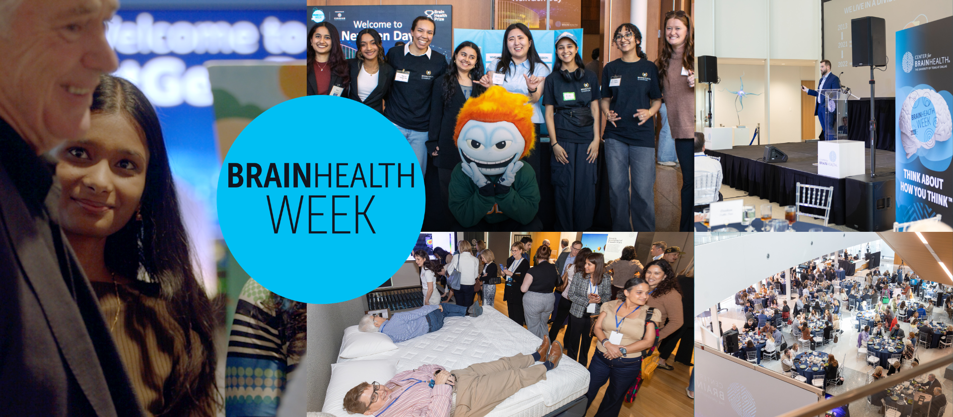 Collage of images from BrainHealth Week 2026 in Dallas, Texas, showing students with UT Dallas mascot Temoc the comet, speaking engagements, a brain health tech expo and networking opportunities.