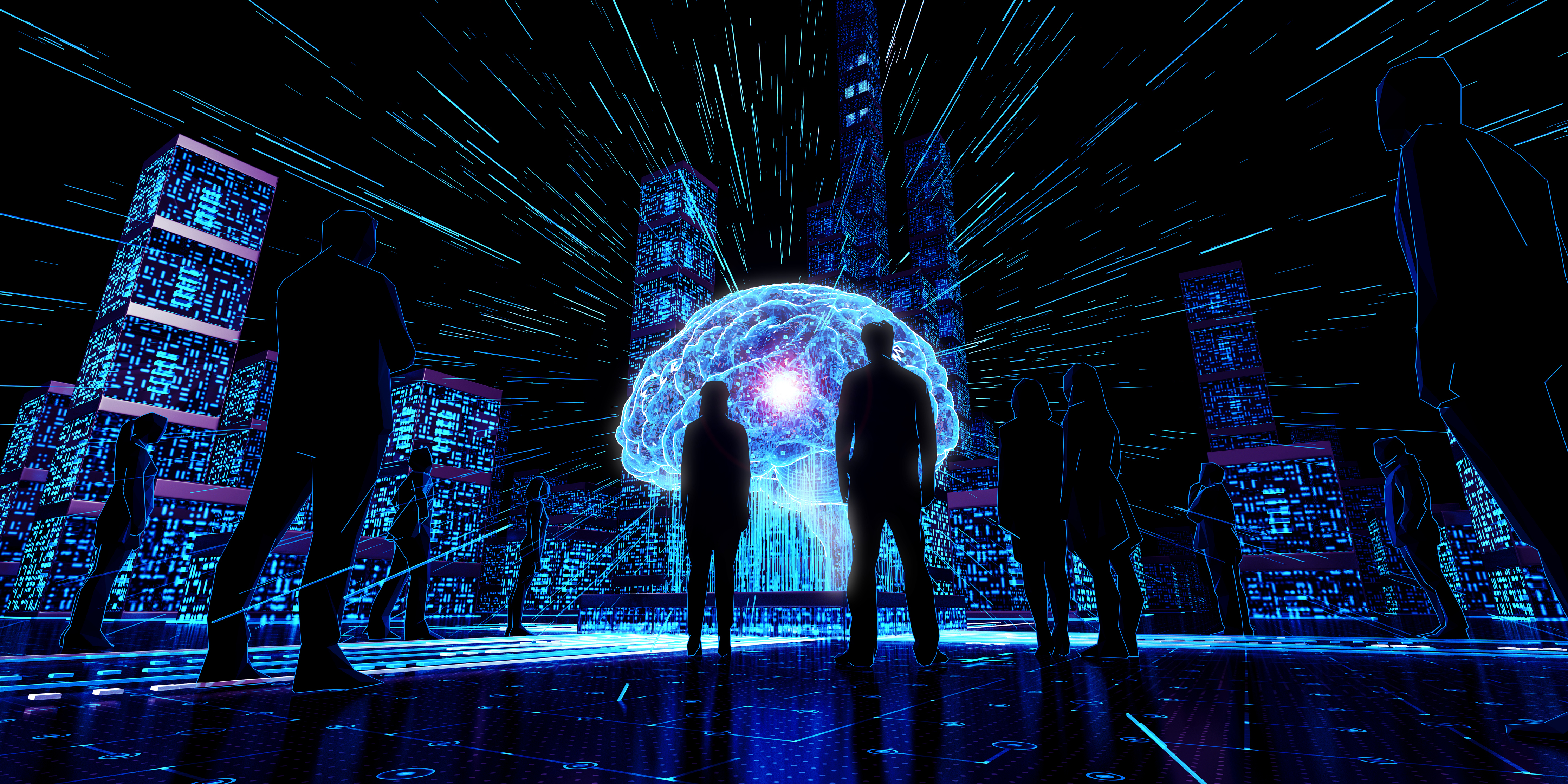 Silhouettes of people facing a glowing blue digital brain in a futuristic neon cityscape with streaming light particles.