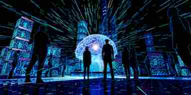 Silhouettes of people facing a glowing blue digital brain in a futuristic neon cityscape with streaming light particles.
