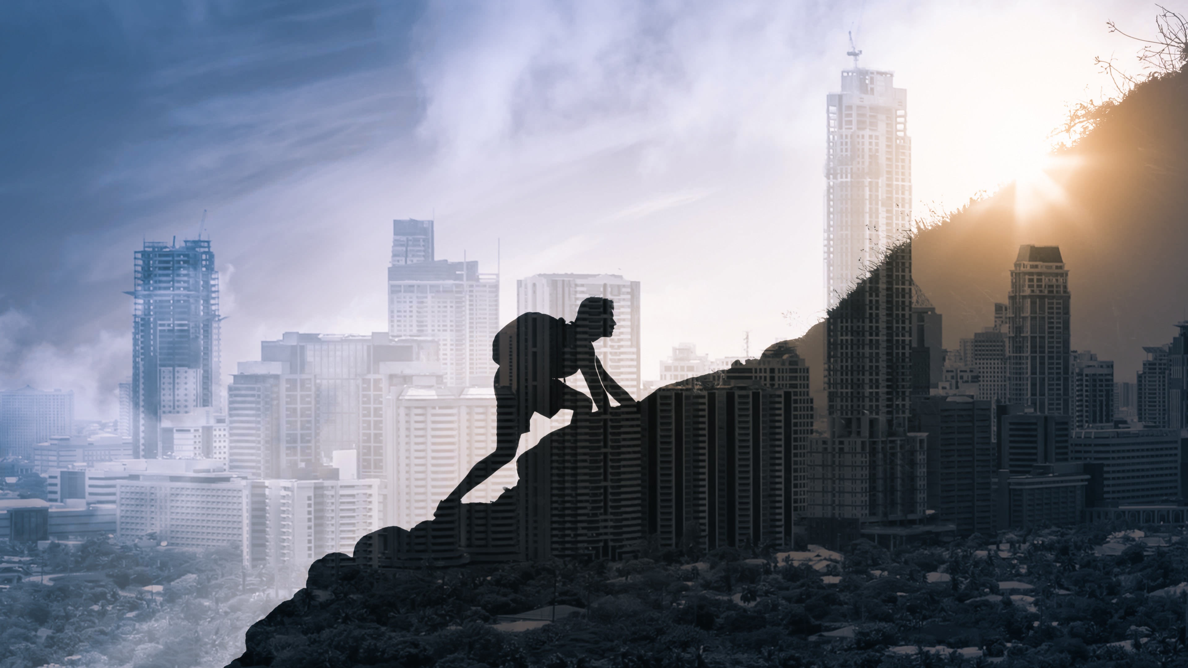 A person climbing a steep hill with an overlay of a city skyline.
