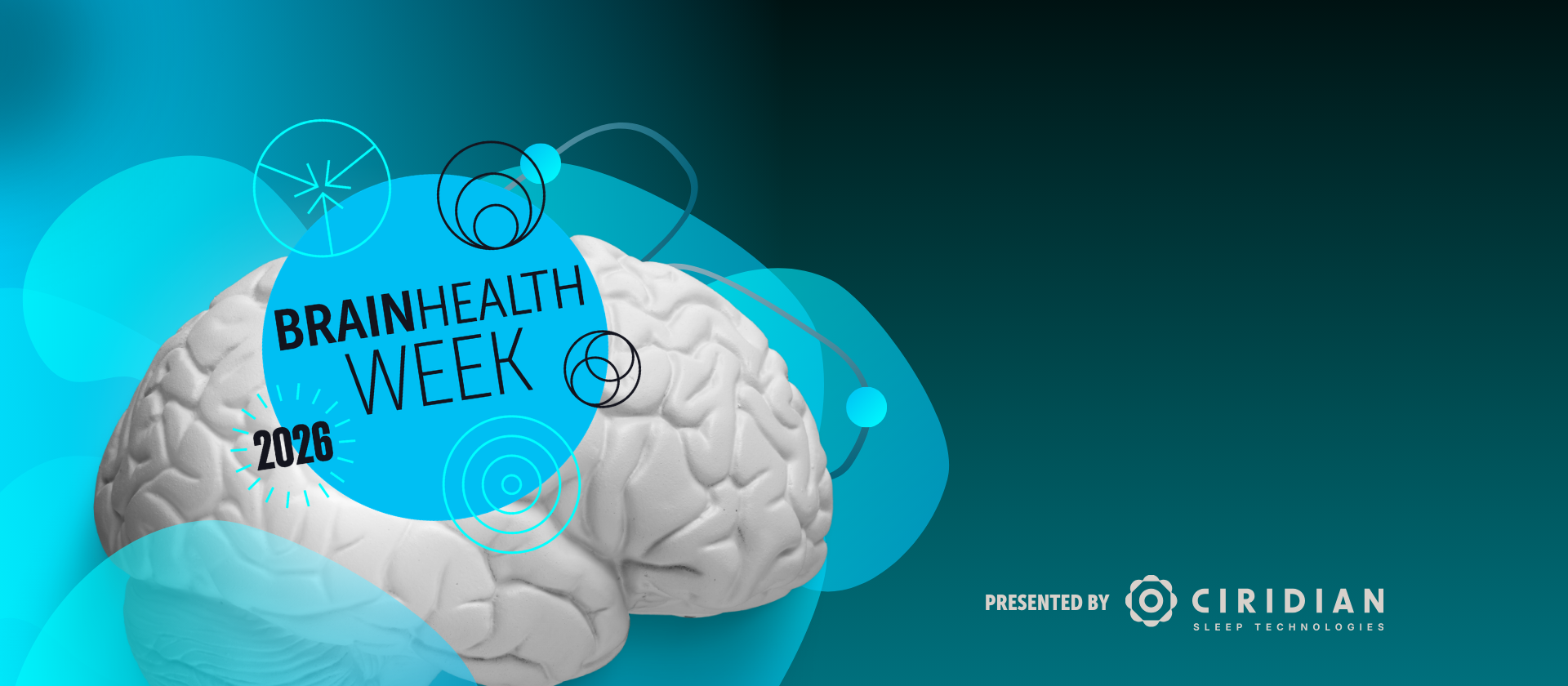 3D brain model on turquoise background with "Brain Health Week 2026" text and Ciridian logo.