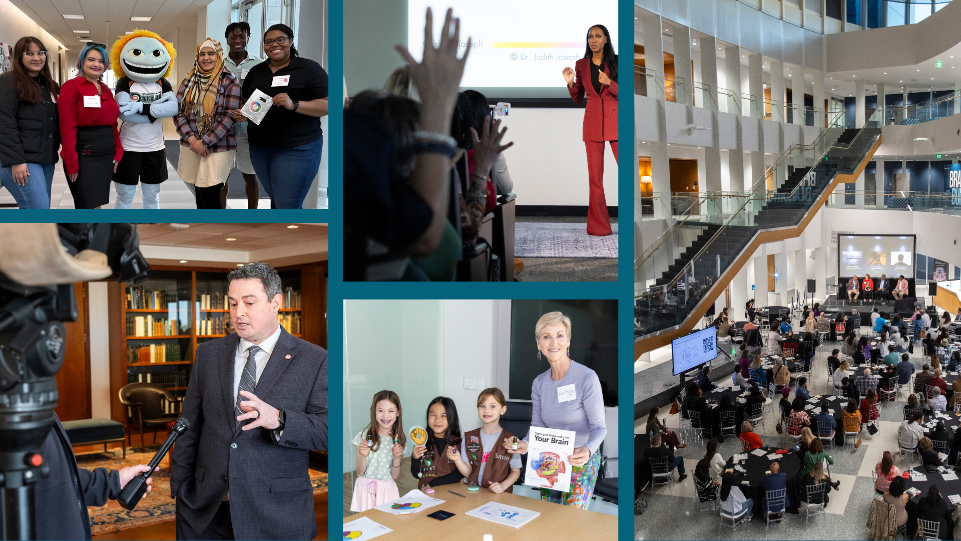 Collage of educational events from BrainHealth Week, featuring diverse participants in modern facilities enjoying presentations, group activities, and the UT Dallas mascot Temoc.