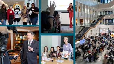 Collage of educational events from BrainHealth Week, featuring diverse participants in modern facilities enjoying presentations, group activities, and the UT Dallas mascot Temoc.
