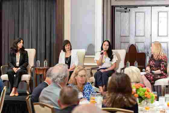 Competing finalists speak in a panel moderated by Jane Wigginton, MD, at the 2026 Friends of BrainHealth Scientist Selection Luncheon compete for the Audience Choice award, with the in-person audience voting on novel brain health research projects designed to compete for multimillion-dollar state grants from the Dementia Prevention and Research Institute of Texas (DPRIT).