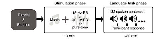 The study process included a tutorial and practice for a sentence comprehension task. Then, participants underwent an auditory stimulation phase, followed by a language task phase.
