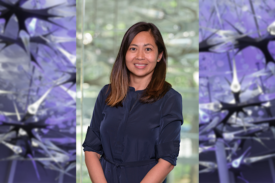 Francesca Filbey, PhD hero with BPI neuron sculpture in purple light. Bert Moore Endowed Chair and Professor, School of Behavioral and Brain Sciences Director, Cognitive Neuroscience Laboratory of Addictive Disorders.
