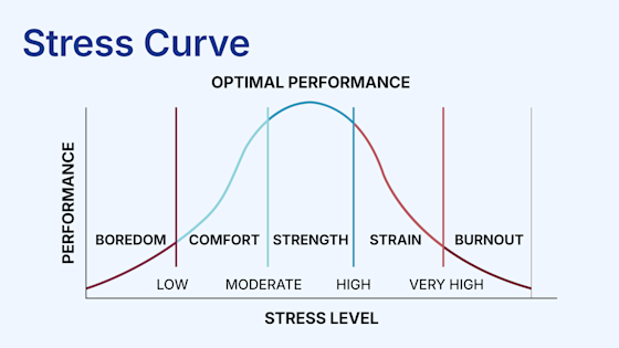 Graph showing the stress curve, based on the Yerkes-Dodson Law of Arousal and Performance. The stress curve shows that too little stress, as well as too much stress, can inhibit optimal brain performance.