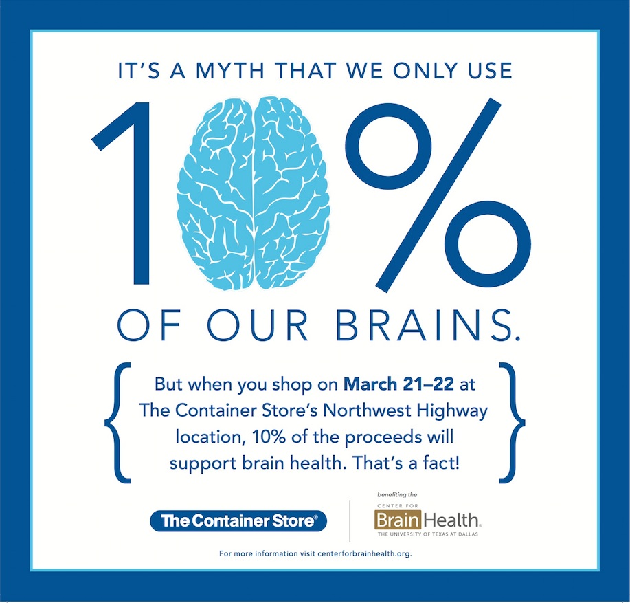 A blue and white graphic of The Container Store's collaborative sale with Center for BrainHealth; March March 21 and 22, 2015.