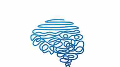 An abstract brain illustration made of blue gradient line in a white background.