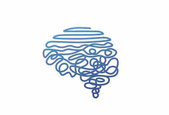 An abstract brain illustration made of blue gradient line in a white background.