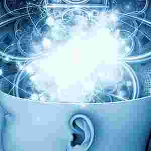 Image of a humanoid head bisected at the top; white patterns, lines & swirls emerging from within it