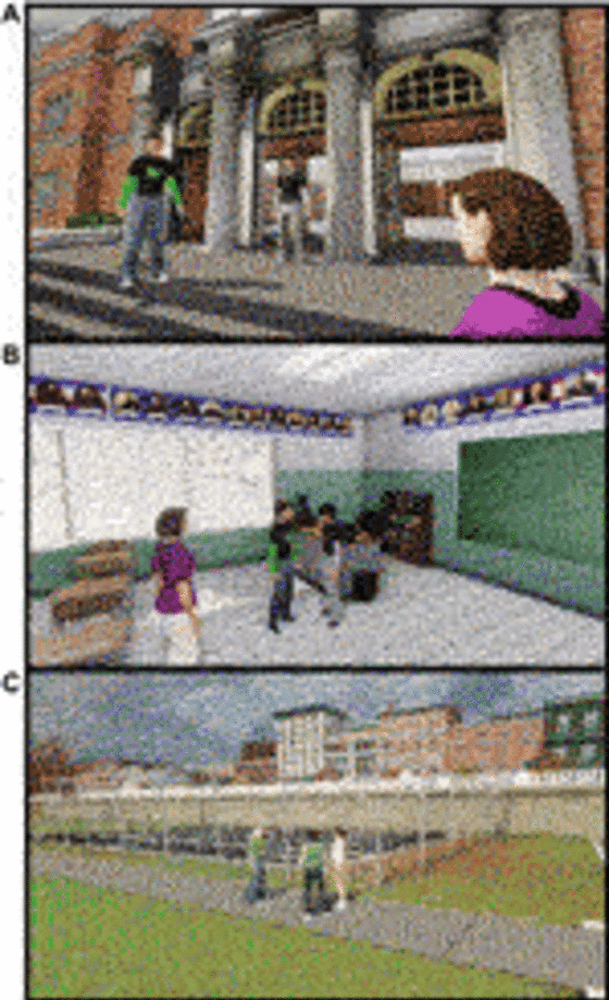 Virtual locations (A) Outside school; Participant, Faux Peer, Coach (B) School classroom; Participant, Faux Peer, Coach (C) Playground and Basketball Courts; Participant, two Faux Peers.