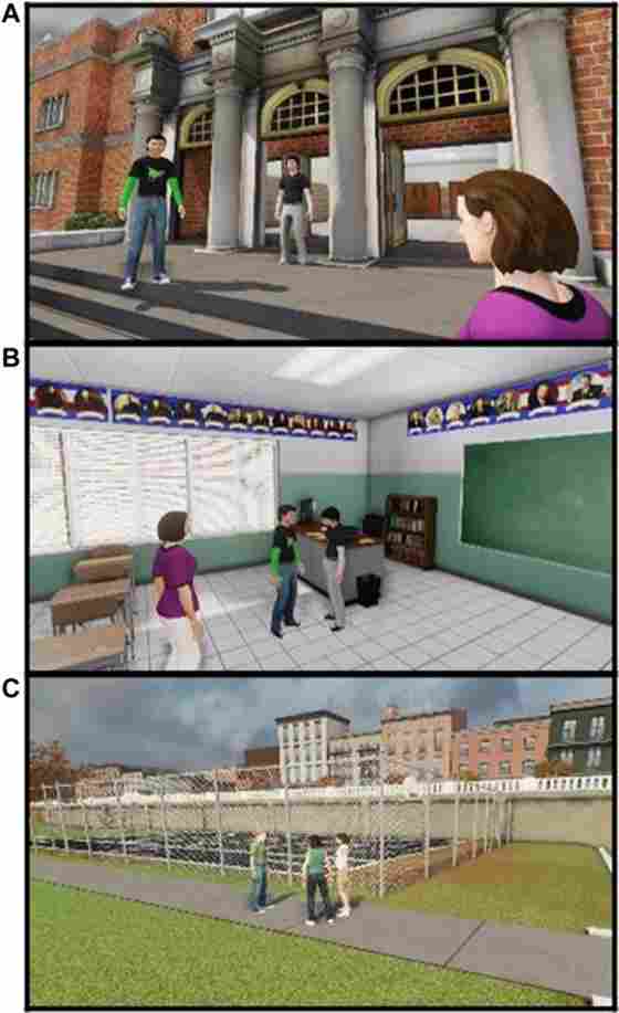 Social training being conducted online in three virtual locations: outside a school, in a classroom, and at a playground with basketball courts.