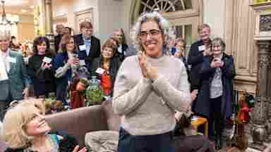 Sleep scientist Eti Ben Simon, PhD, thanks a welcoming crowd of colleagues and supporters during a reception celebrating the launch of the Sleep Innovation Laboratories at Center for BrainHealth, part of UT Dallas.