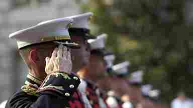Row of soldiers in standing at attention.
