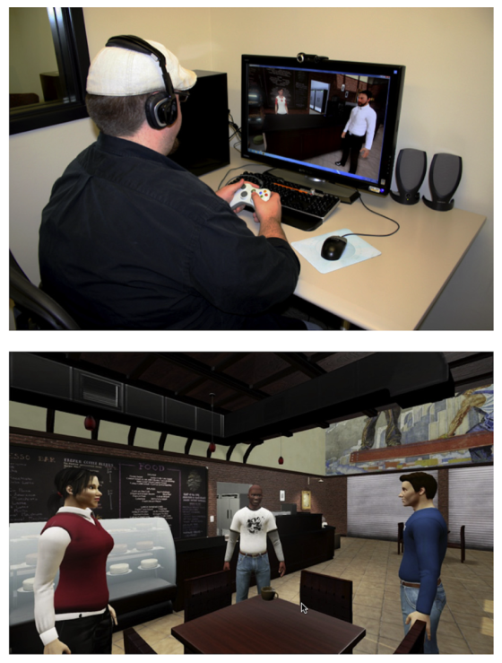 Figure 1 - The computer set-up and screenshots of a virtual reality training session.