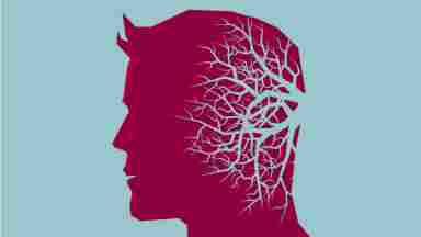 An abstract illustration of a person's silhouette with neurons growing on the back of their head. 