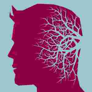 An abstract illustration of a person's silhouette with neurons growing on the back of their head. 