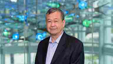 Dr. Geoffrey Ling in a black suit in front of a sculpture 