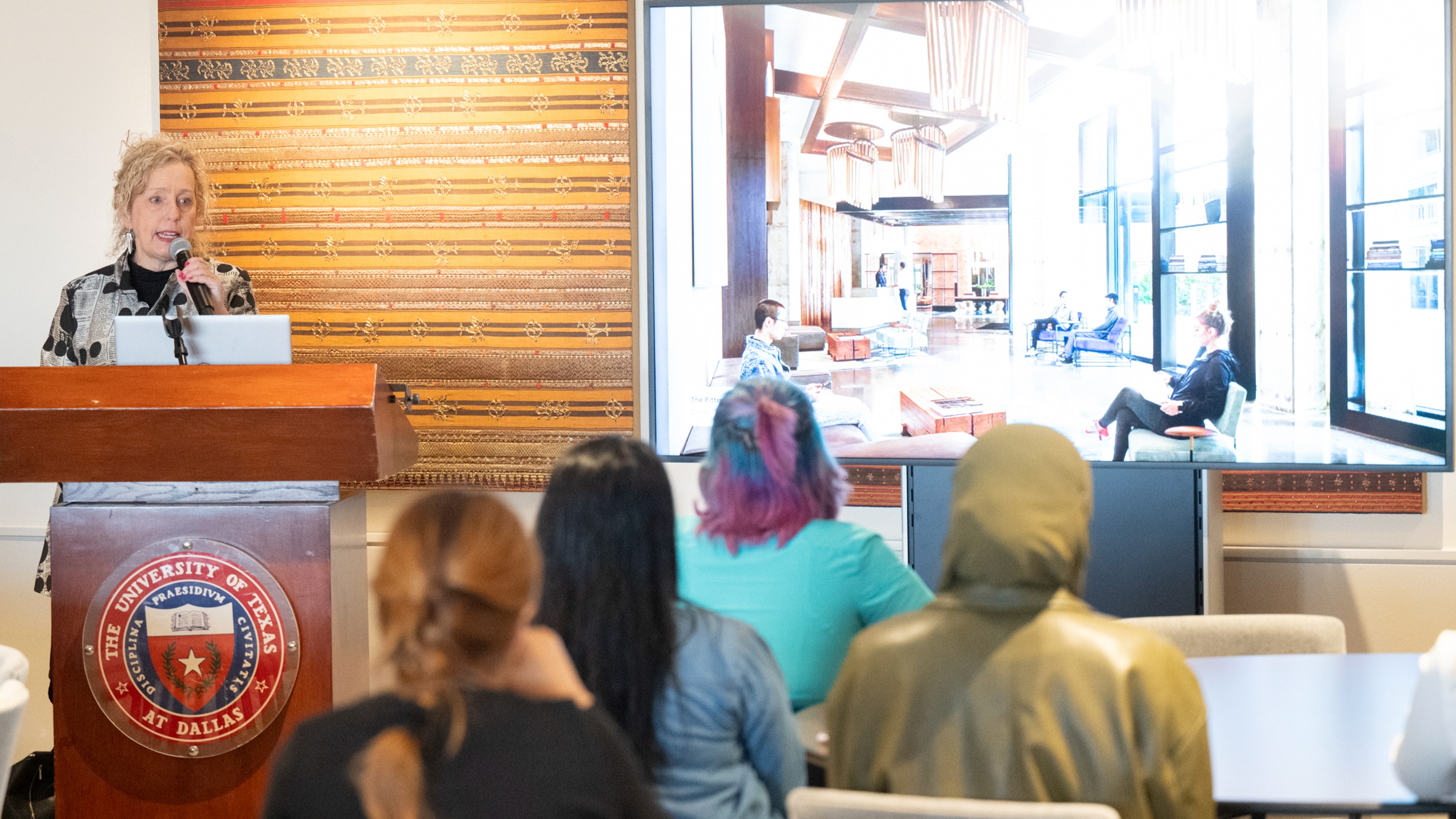 Debbie Beck of architecture firm Perkins&Will speaks at the Eugene McDermott Library campus during BrainHealth Week 2025.