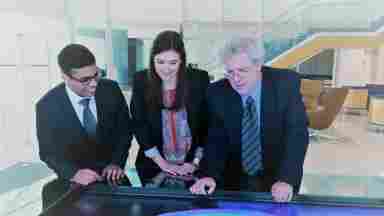 Researchers at the brain table: doctoral student Dinesh Sivakolundu, MD, post-doctoral fellow Kathryn West, PhD, and cognitive neuroscientist Bart Rypma, PhD.