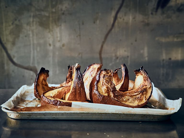 Schritt 1: Kürbis für das Risotto rösten.
 Schritt 1: Kürbis für das Risotto rösten.