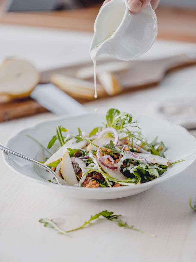Linsensalat mit Rucola, Birnen und Maracuja Rezept Linsensalat mit Rucola, Birnen und Maracuja Rezept