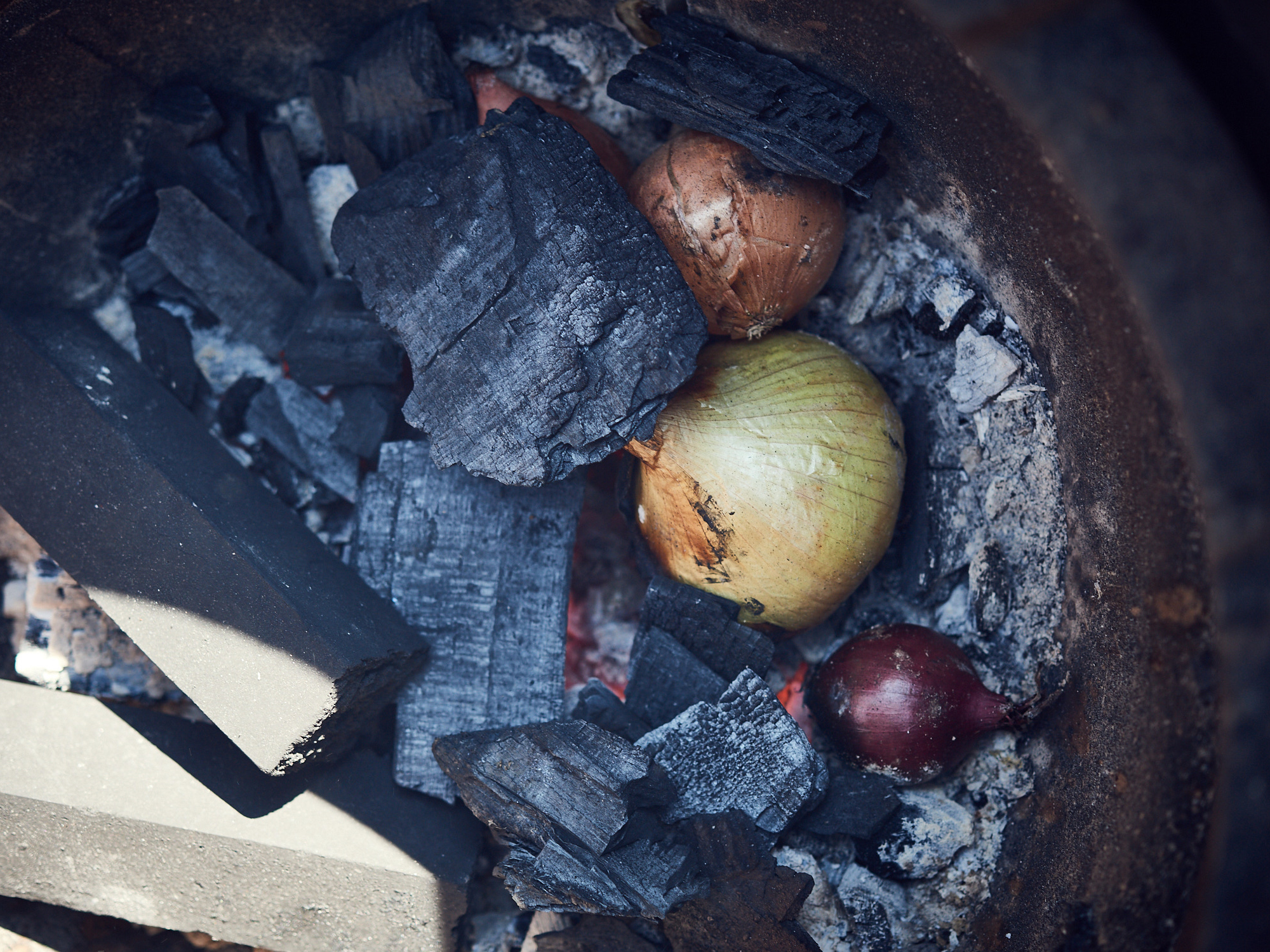 Schritt 1: Zwiebeln  für Glutgerösteten Zwiebelsalat Orangen und Limette in der Glut garen.