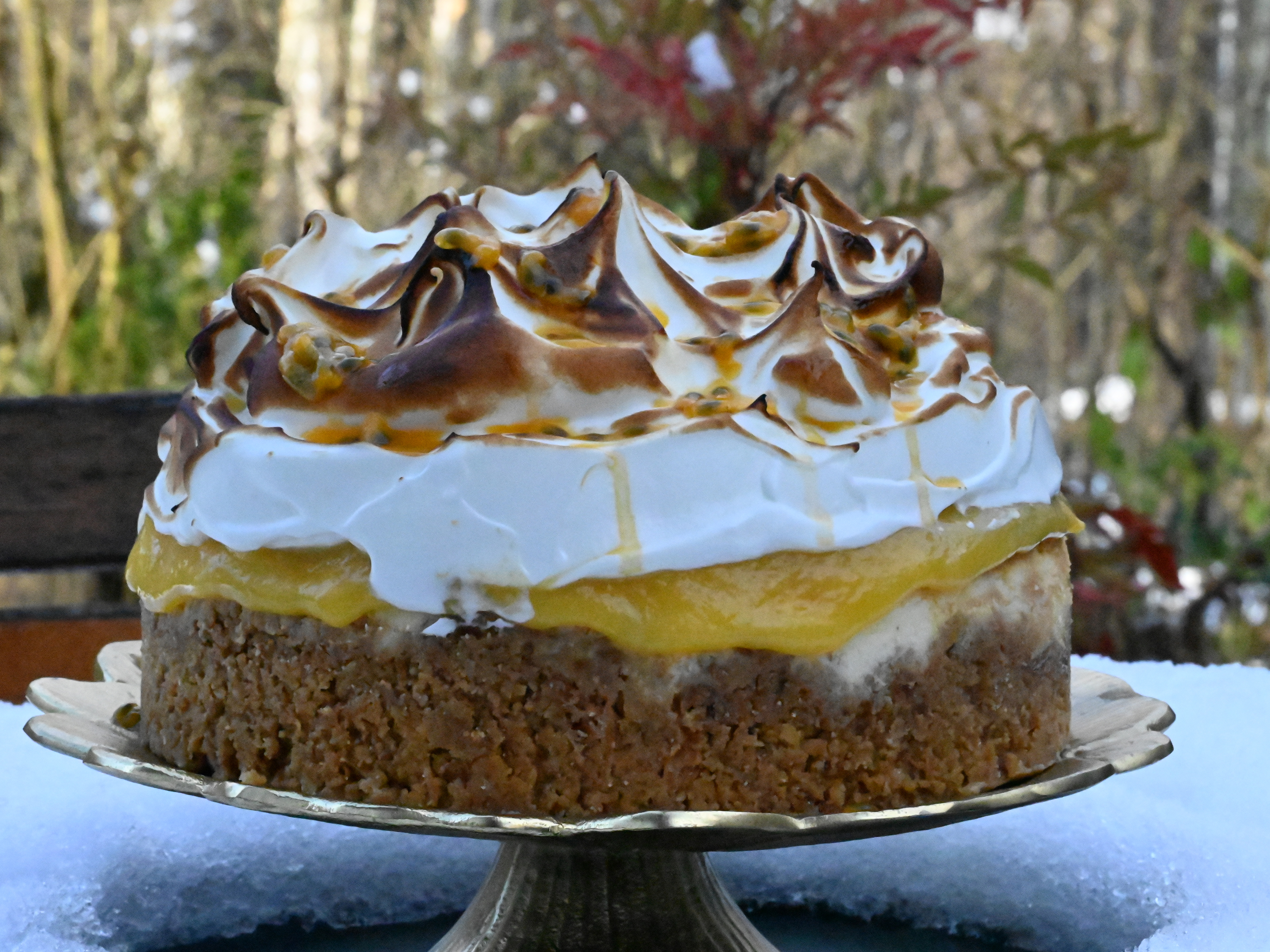 Schritt 9: Zitronen-Passionsfrucht Cheesecake mit Swiss Meringue anrichten