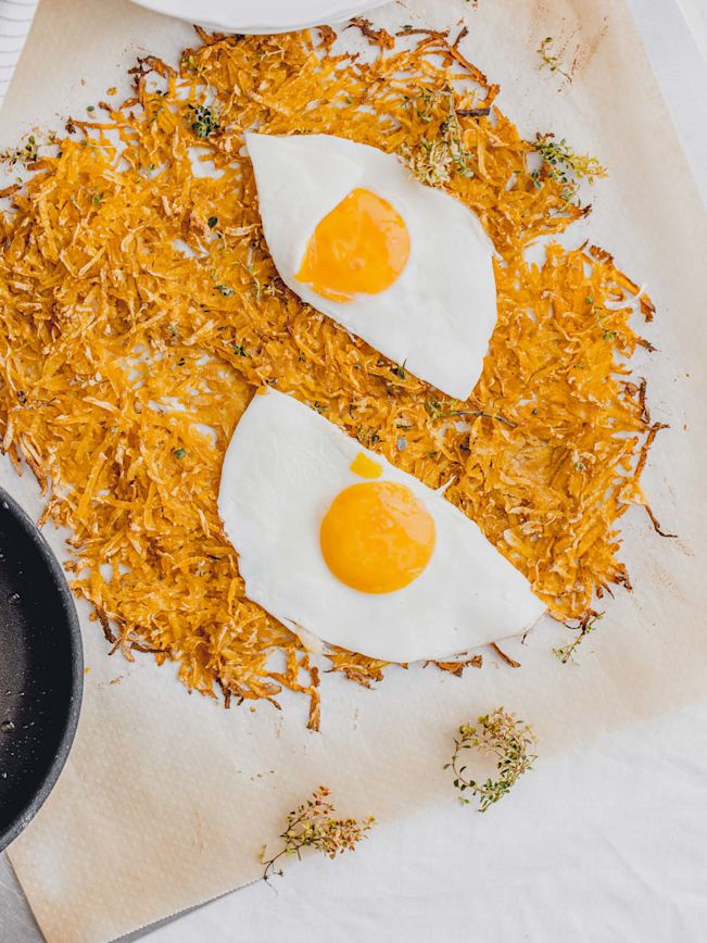 Süsskartoffelrösti mit Spiegelei Rezept Süsskartoffelrösti mit Spiegelei Rezept