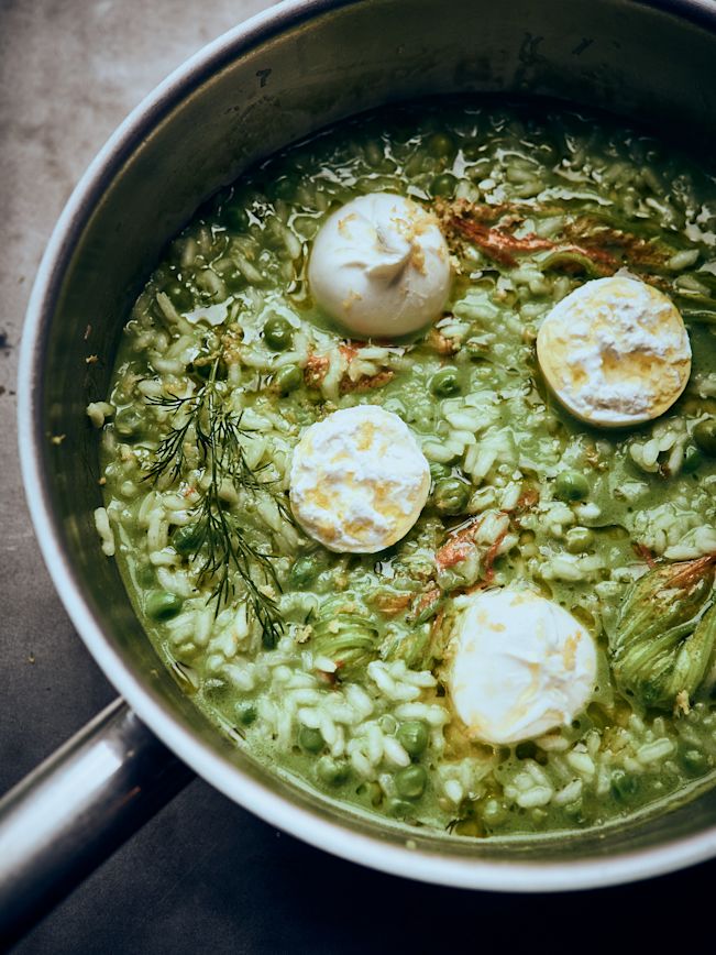 Erbsenrisotto mit Burrata Rezept Erbsenrisotto mit Burrata Rezept