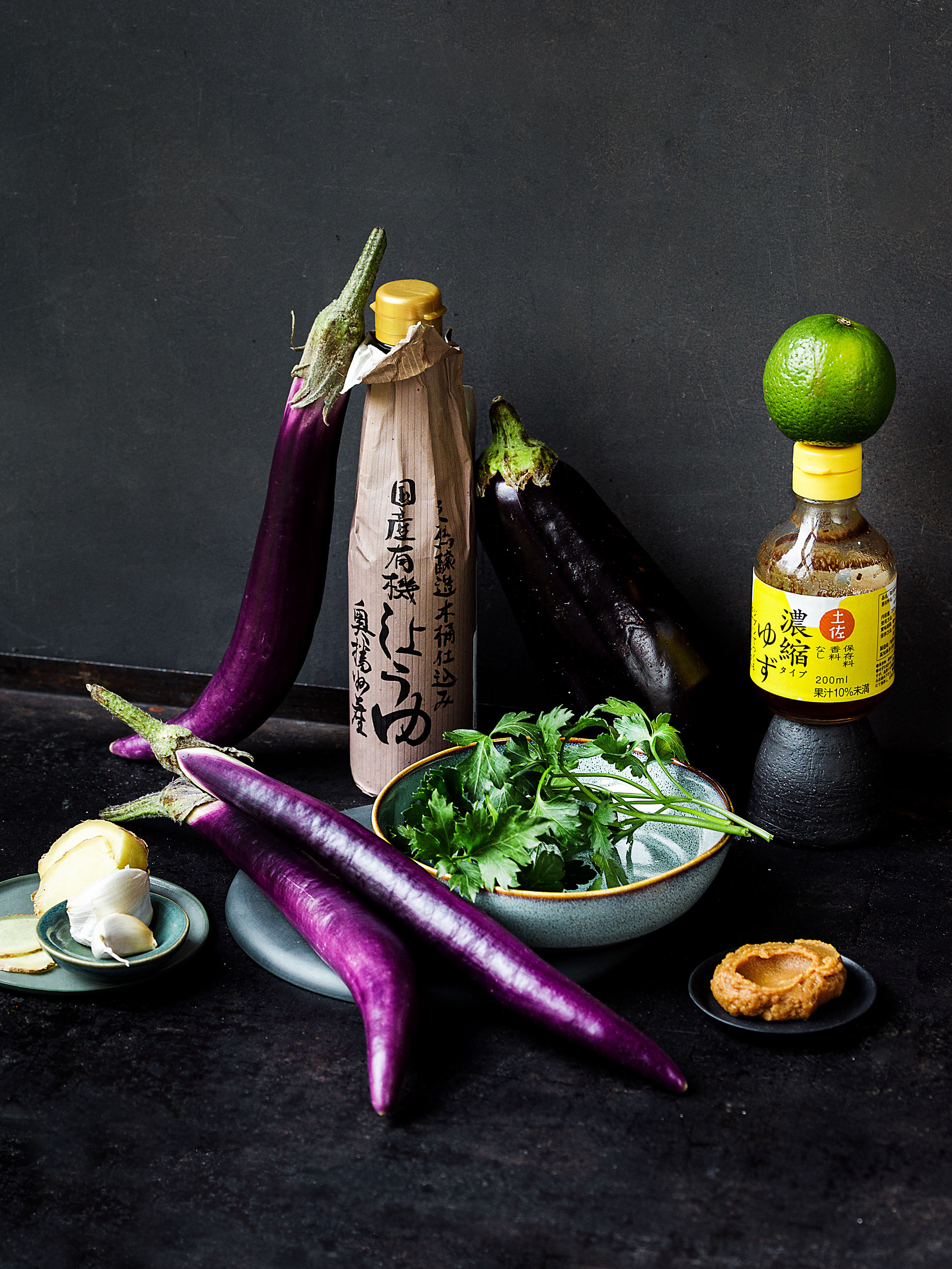 Zutaten für die Honig-Teriyaki-Auberginen mit Miso