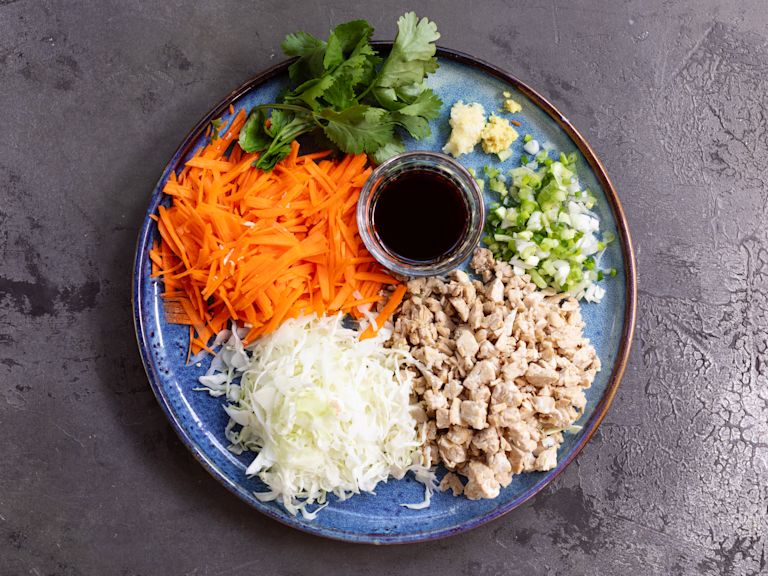 Scchritt 1: Vorbereitung der Zutaten für Gyoza mit Knusperboden Scchritt 1: Vorbereitung der Zutaten für Gyoza mit Knusperboden