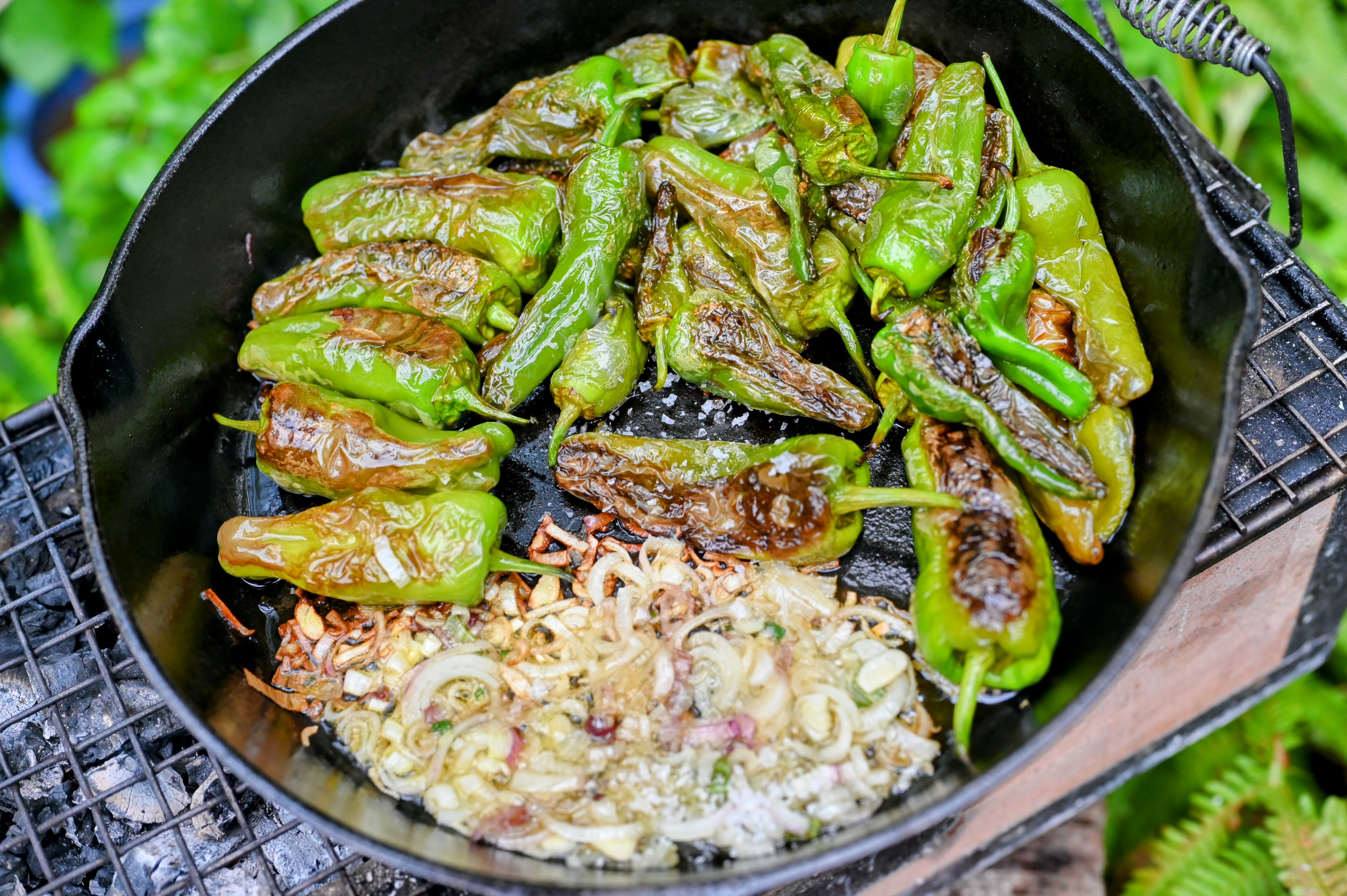 Schritt 3: Pimientos de Padrón mit Zwiebeln und Zitronen würzen und anrichten