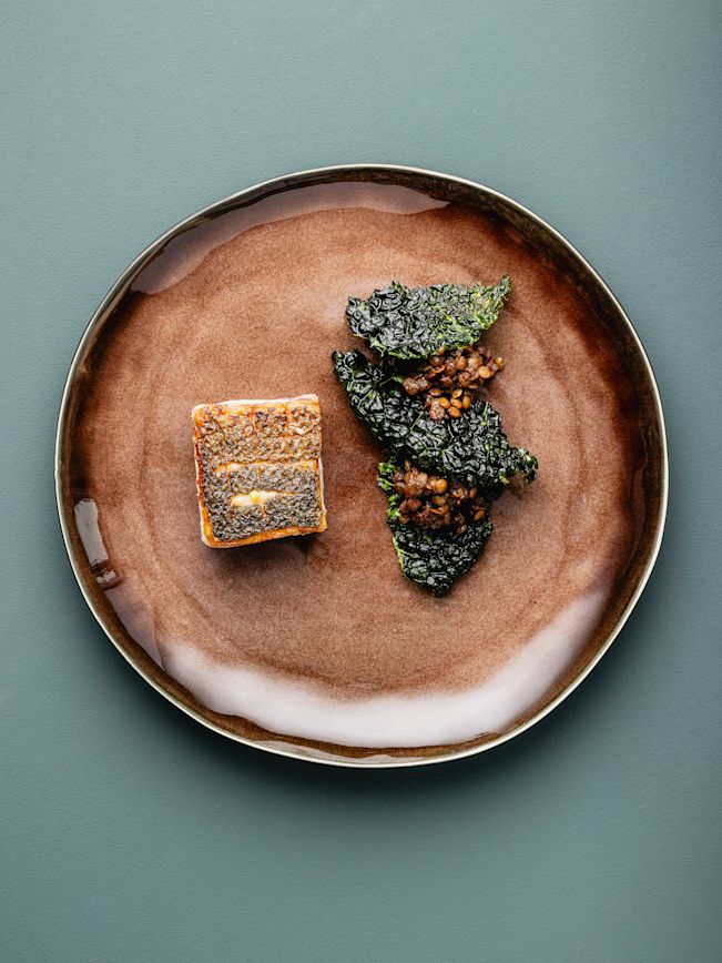 Gebratenes Wolfsbarschfilet, Balsamico-Linsen, frittierter Federkohl Rezept Gebratenes Wolfsbarschfilet, Balsamico-Linsen, frittierter Federkohl Rezept