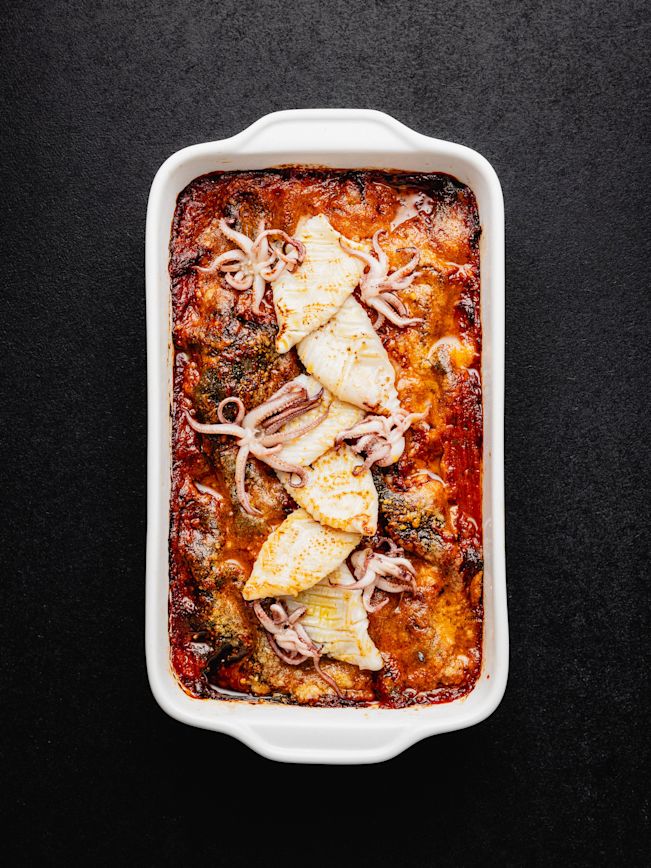 Sepia-Tomatenlasagne mit Calamaretti Rezept Sepia-Tomatenlasagne mit Calamaretti Rezept