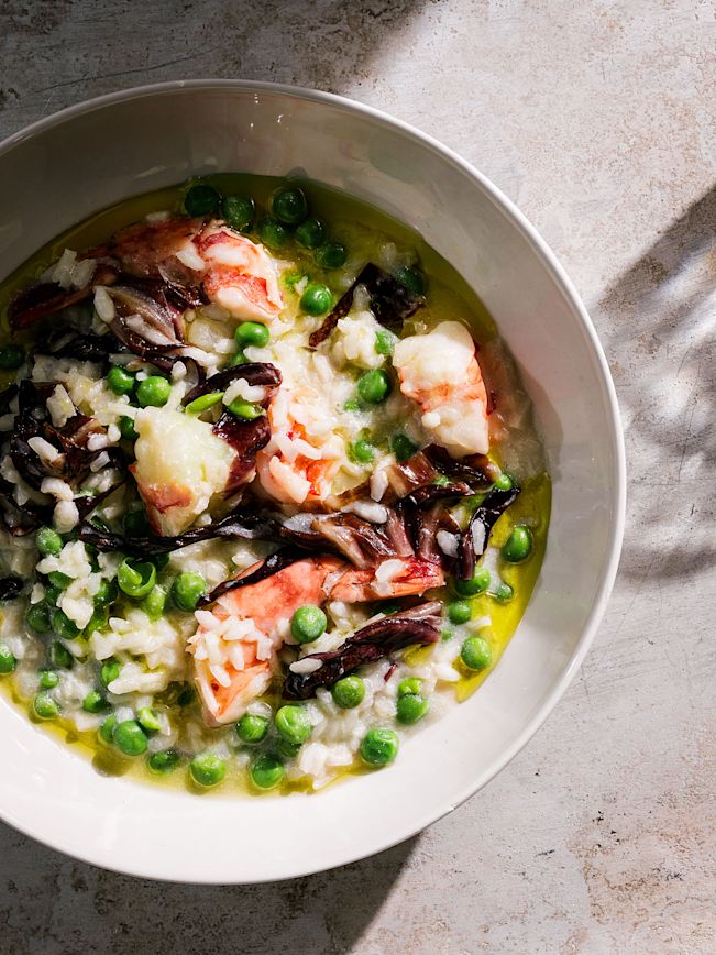Radicchio Risotto mit Shrimps und Erbsen Rezept Radicchio Risotto mit Shrimps und Erbsen Rezept