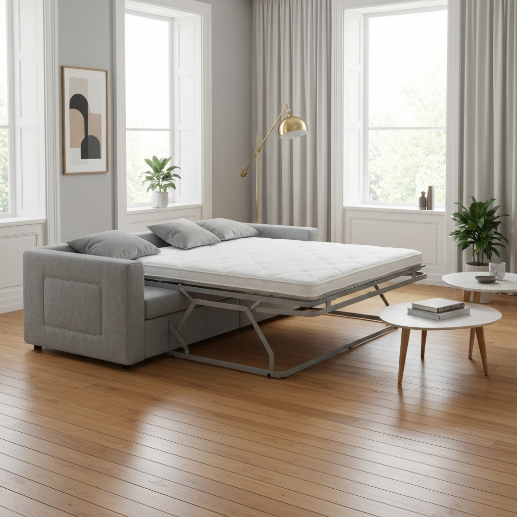 Sofa giường đa năng với hộc lưu trữ ẩn trong không gian phòng khách hiện đại